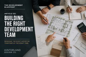 Development team reviewing multi-residential architectural plans